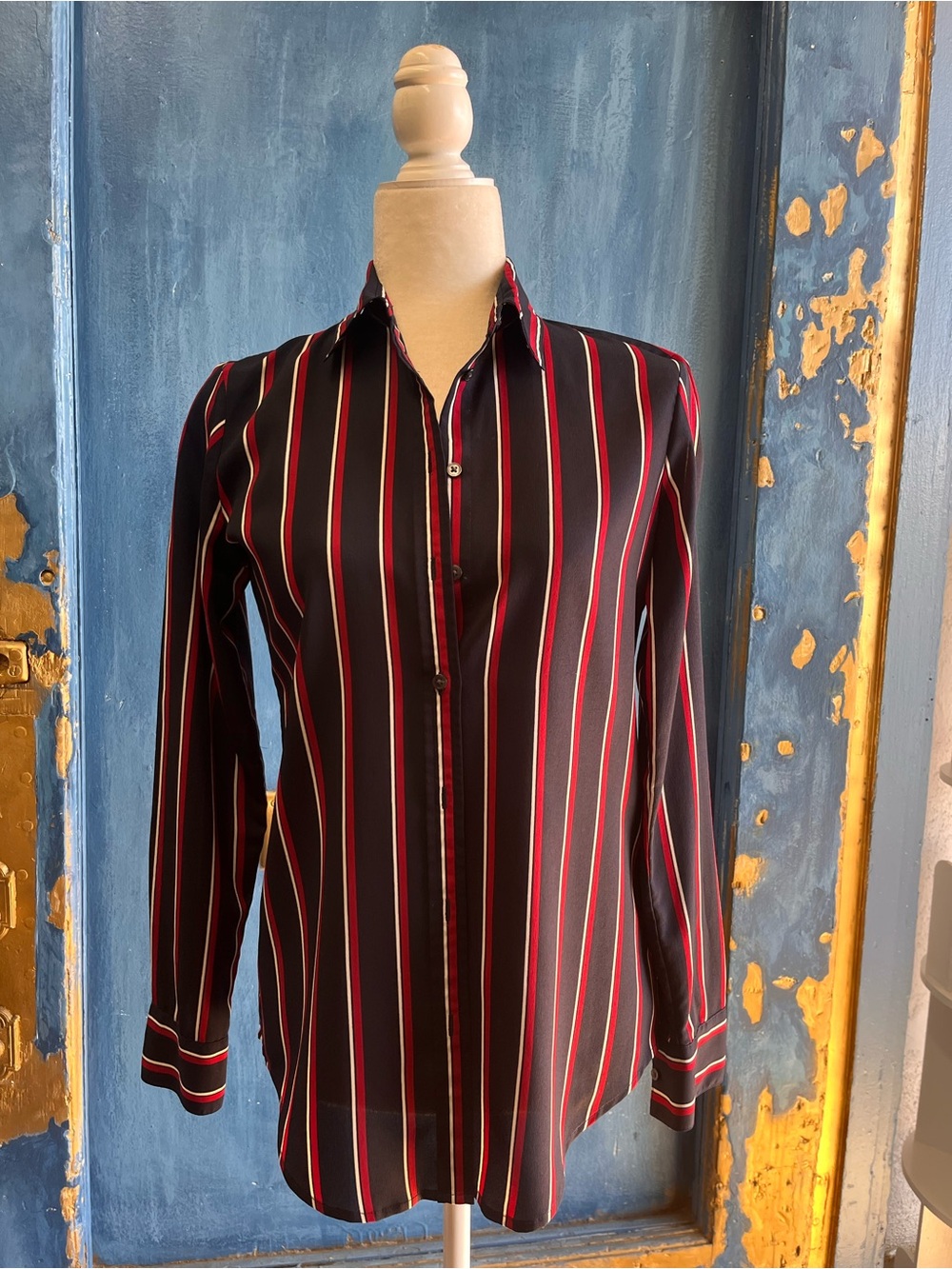 Banana Republic Black Long-Sleeve Shirt with Red & White Stripes